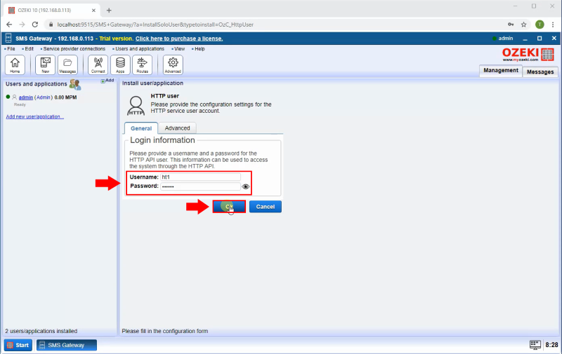 crear usuario http de ozeki sms gateway