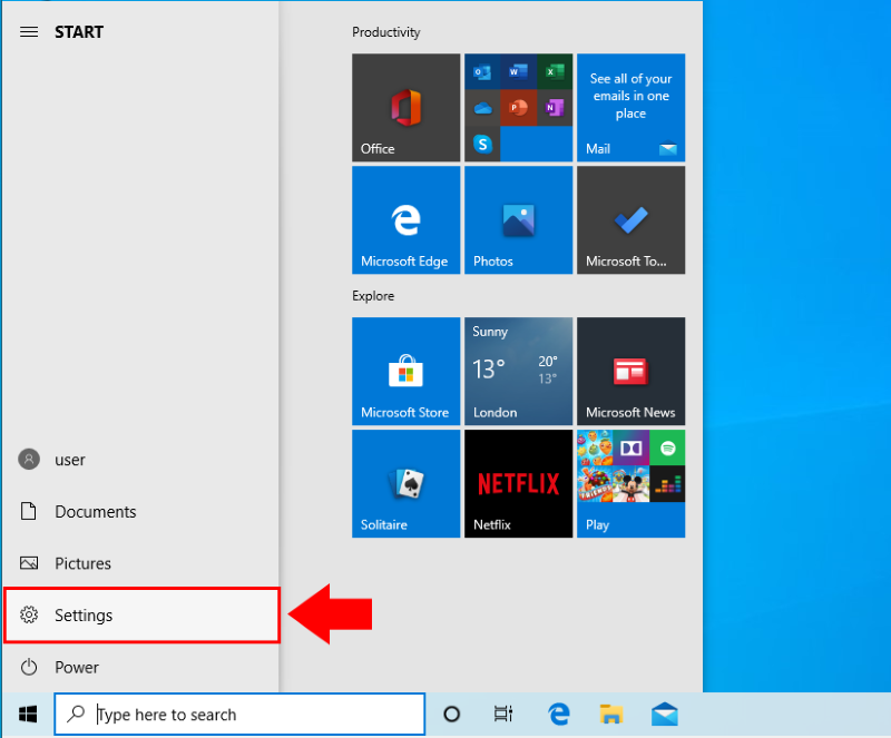 otwórz ustawienia z menu start windows