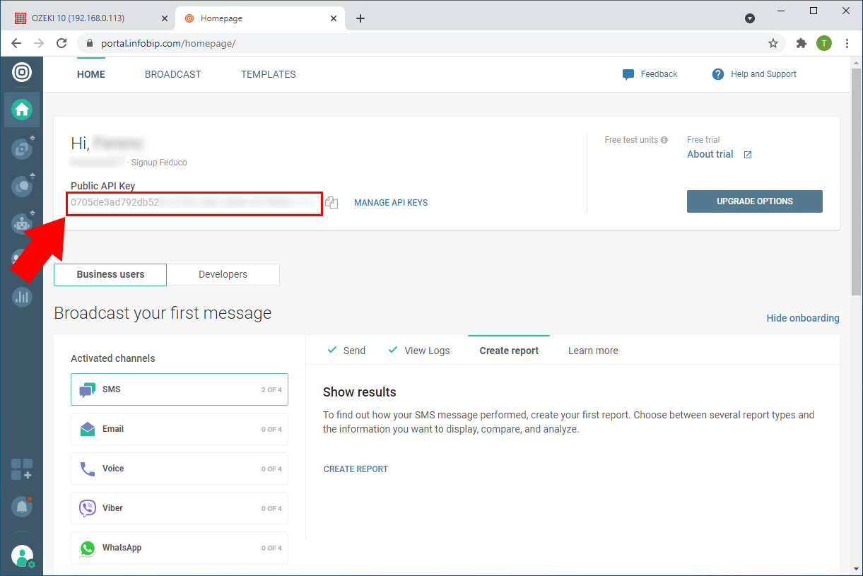 ubicación de la clave api en el sitio web de infobip