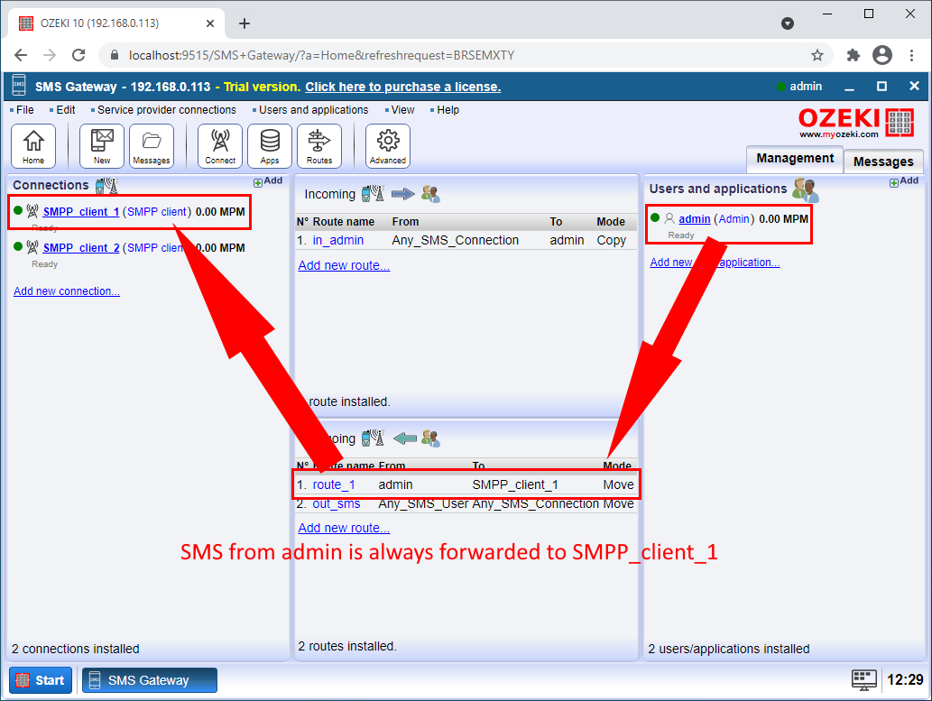 SMS desde admin siempre se reenvía a SMPP_client_1