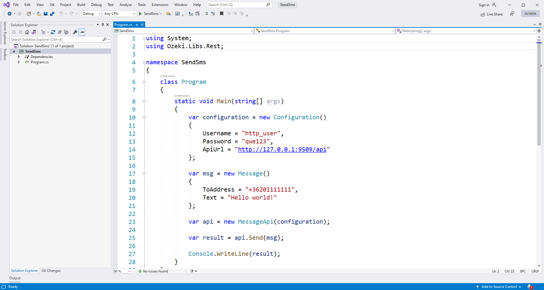 send sms sln solución visual studio