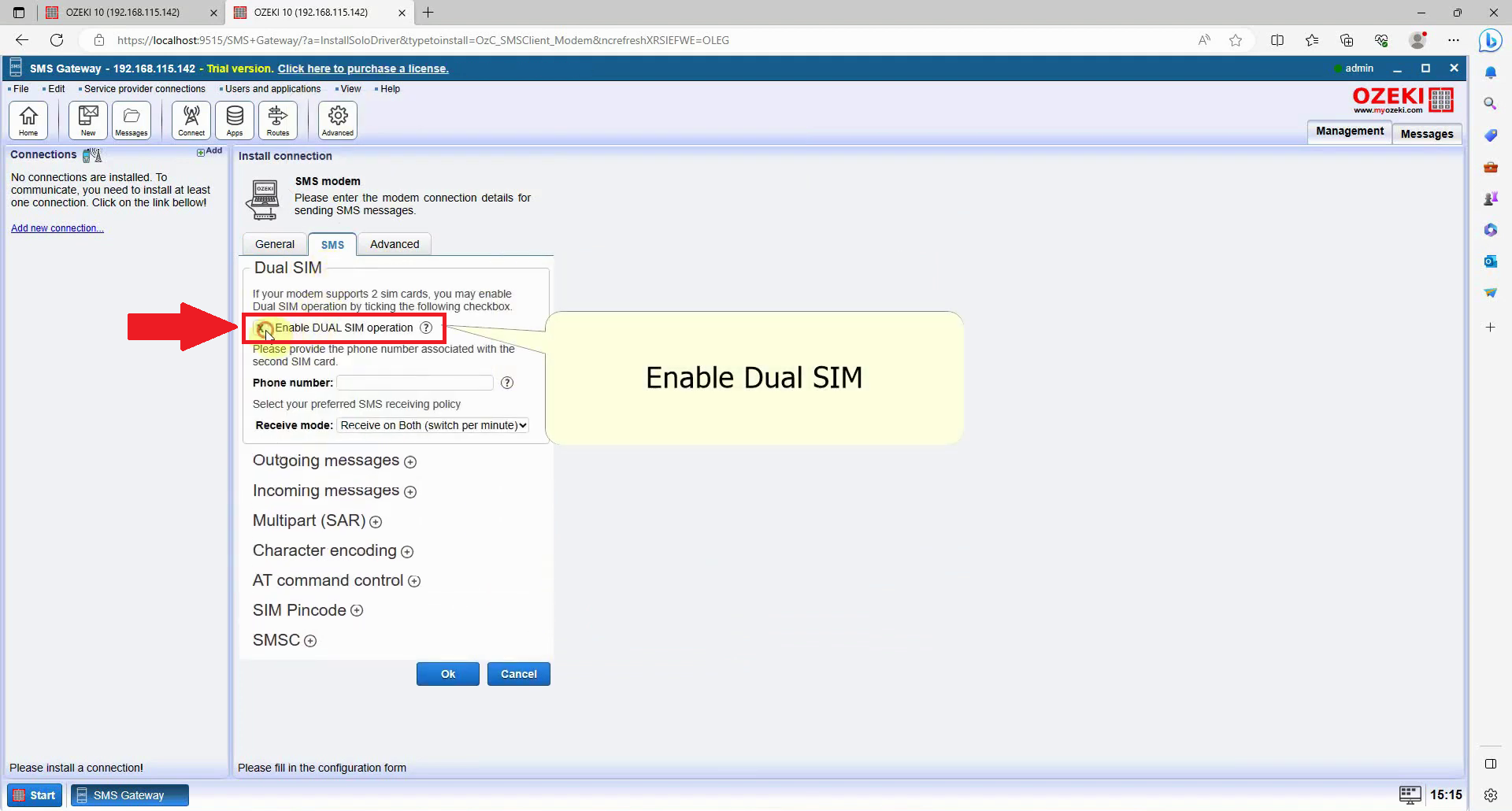 menú desplegable dual sim donde se selecciona habilitar dual sim