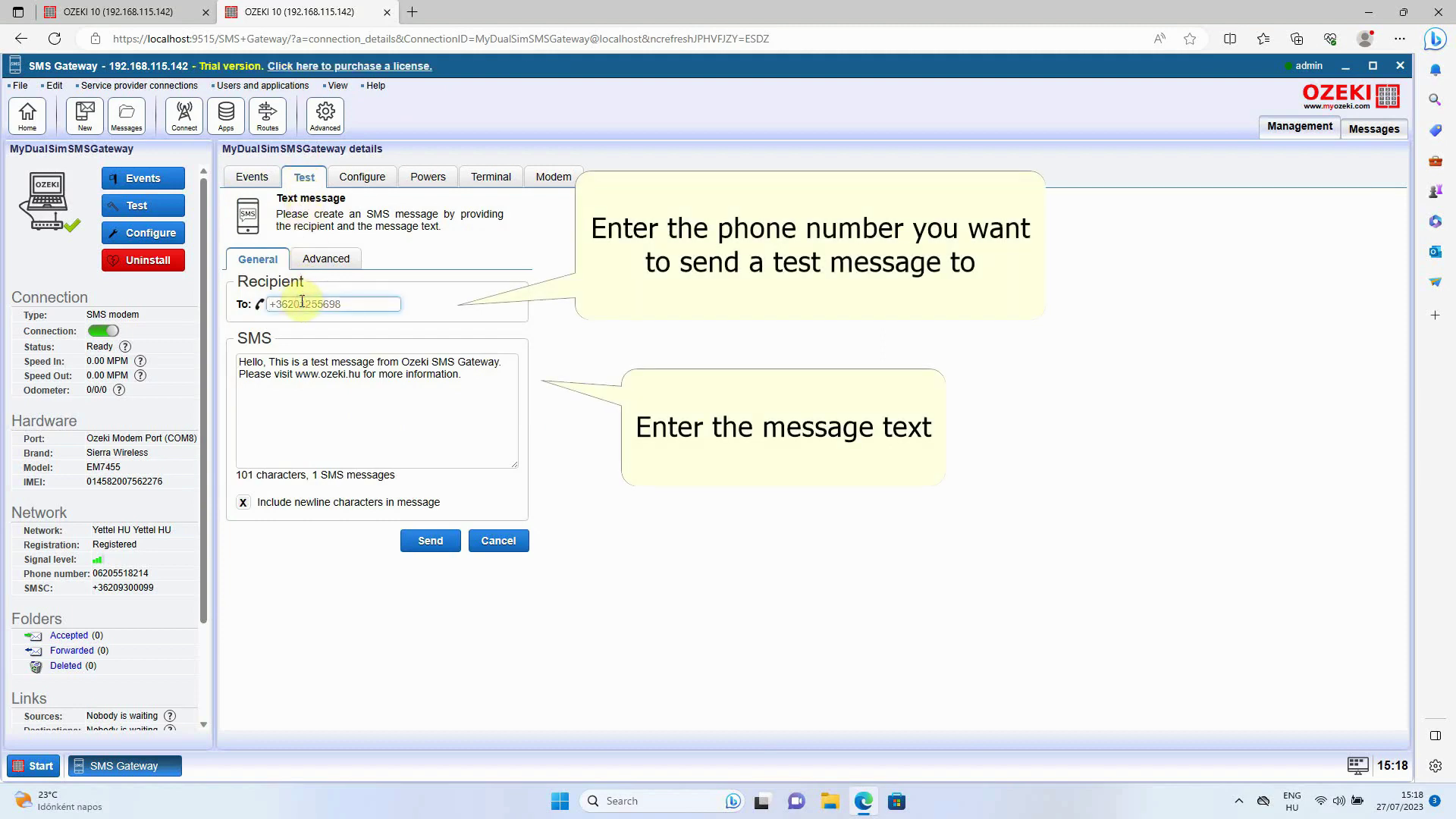 detalles del sms gateway agregar destinatario y cuerpo del sms