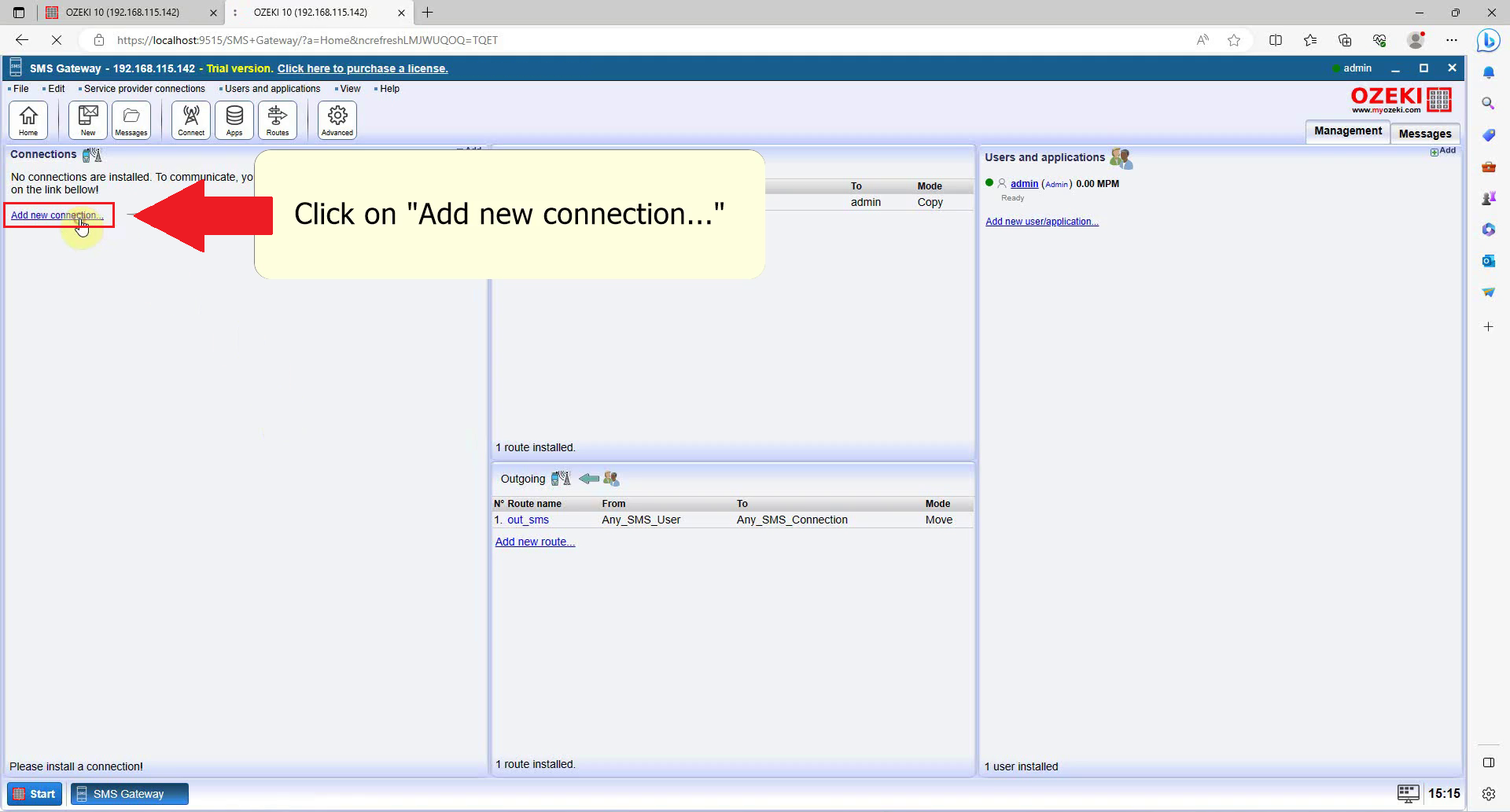 ozeki sms gateway mostrando conexiones agregar nueva conexión en cuadrado rojo