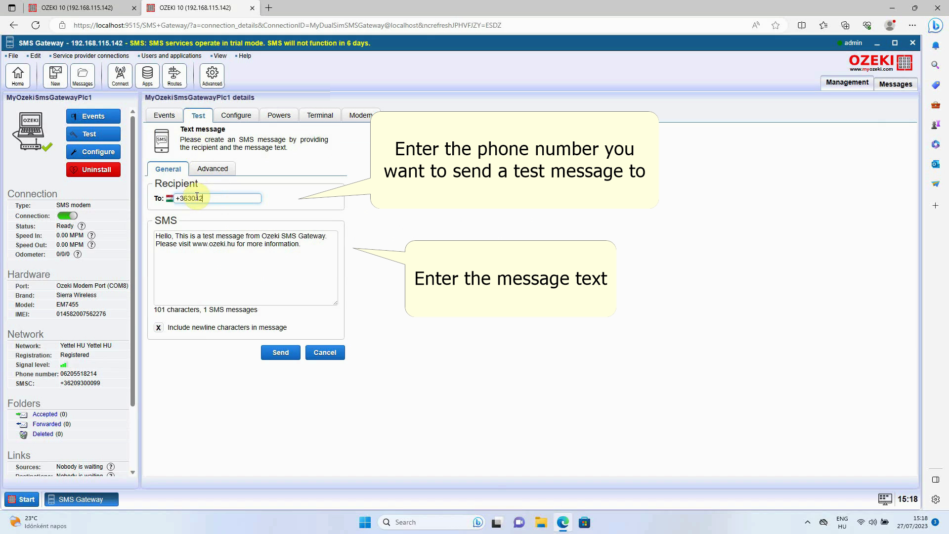 detalles de la pasarela sms agregar destinatario y cuerpo del sms