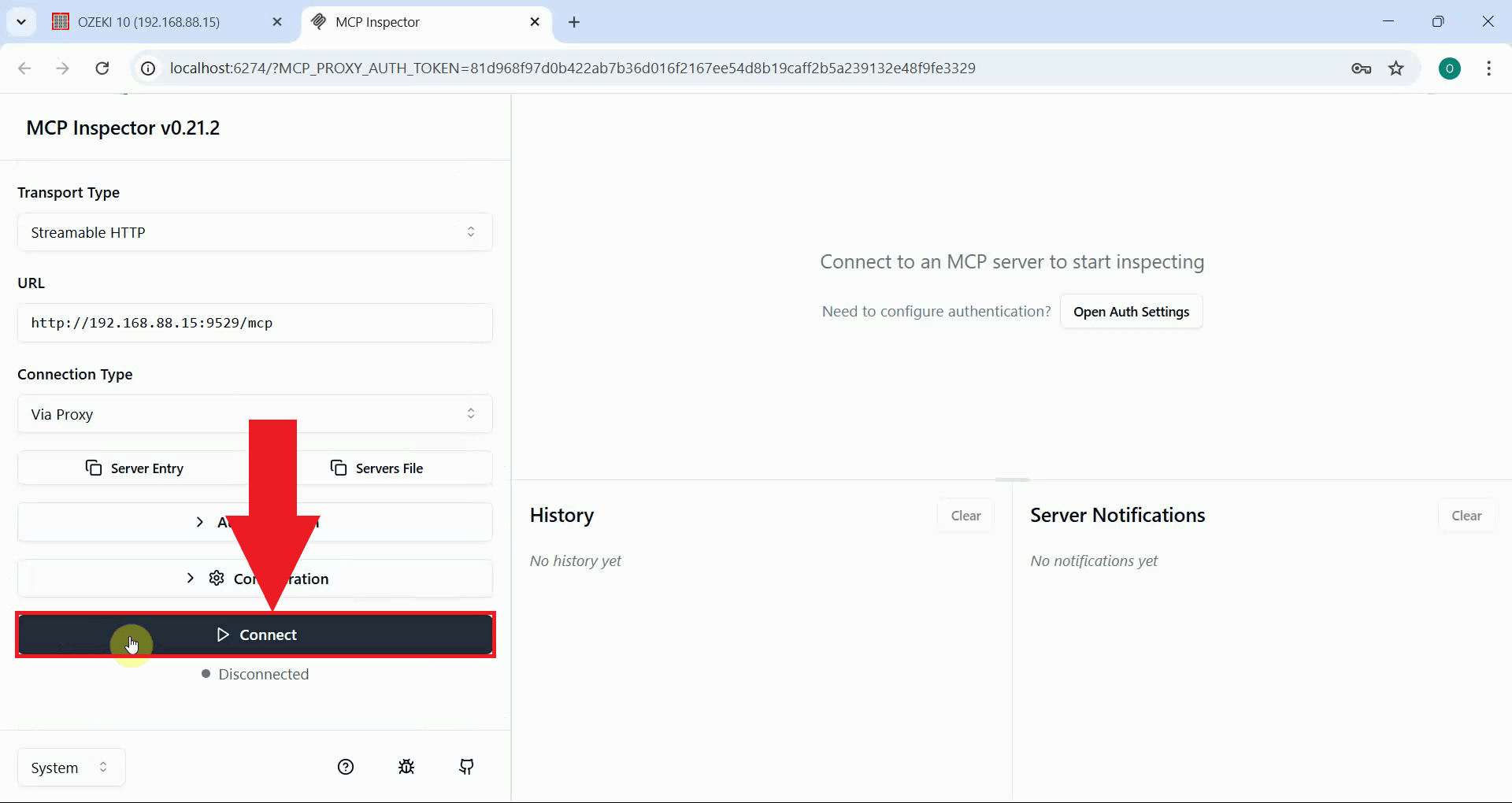 Press Connect to connect to the server