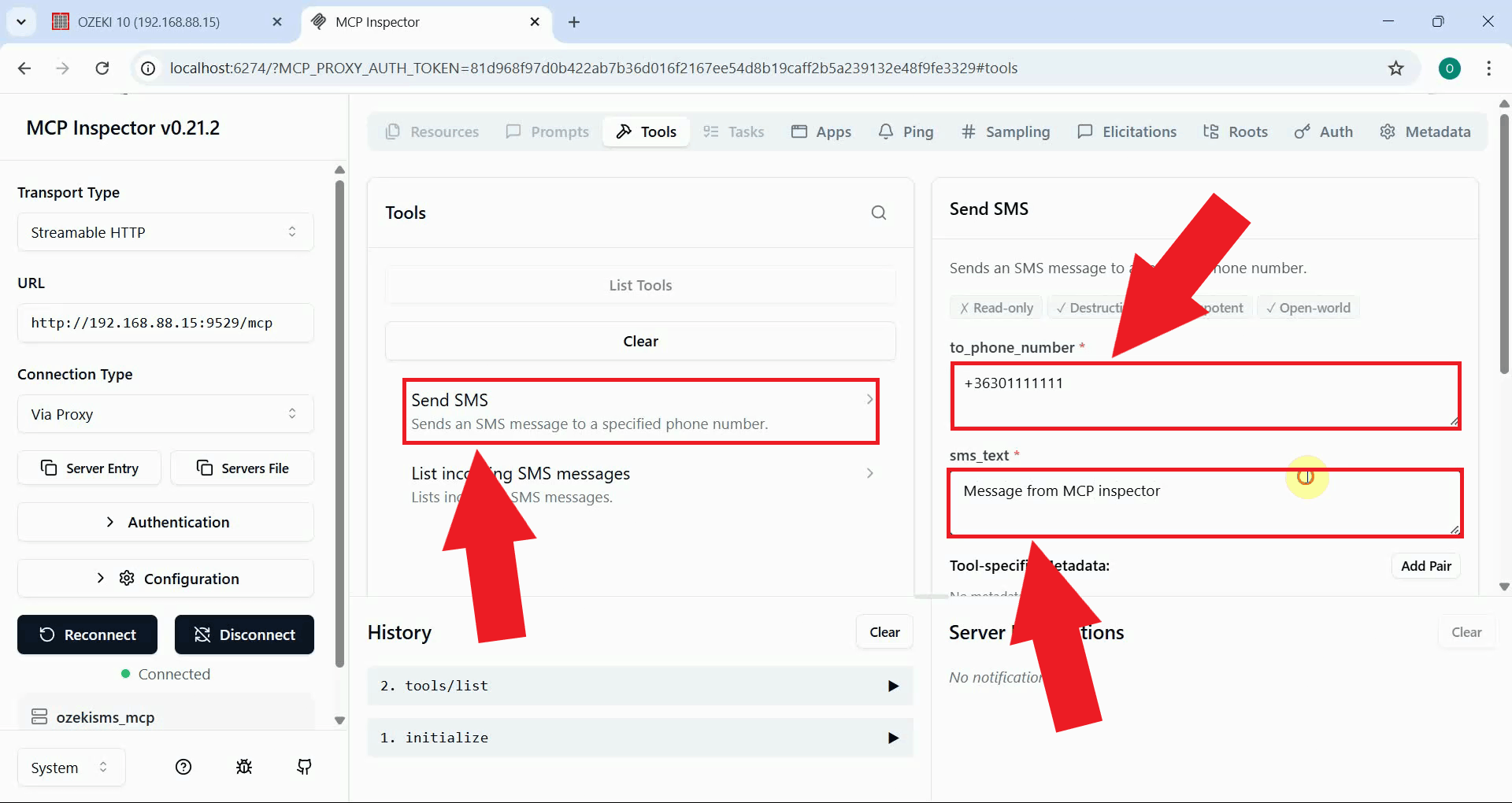 Configure send SMS tool with phone number and SMS text