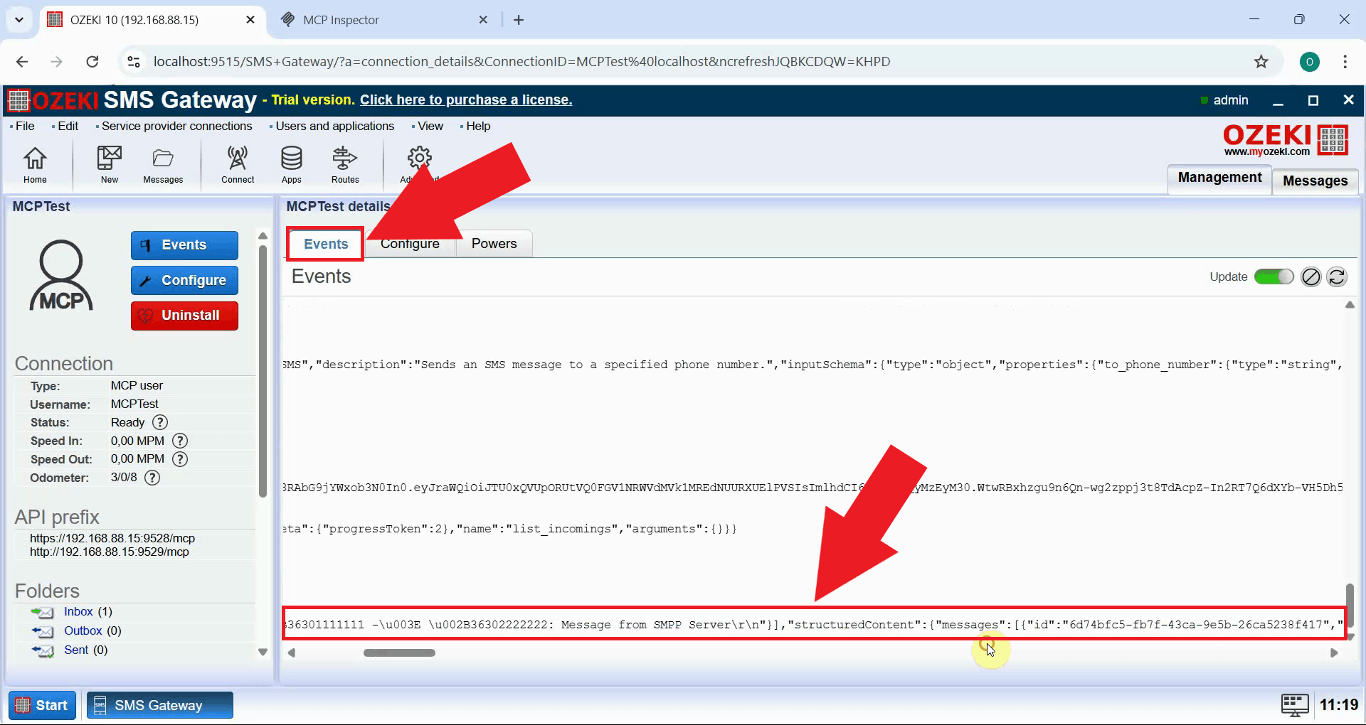 Check MCP user event log in SMS Gateway