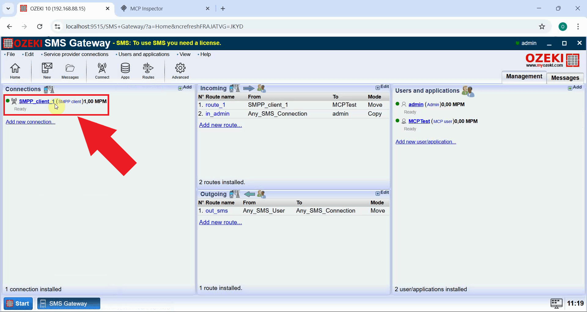 Open configured SMPP client from homepage