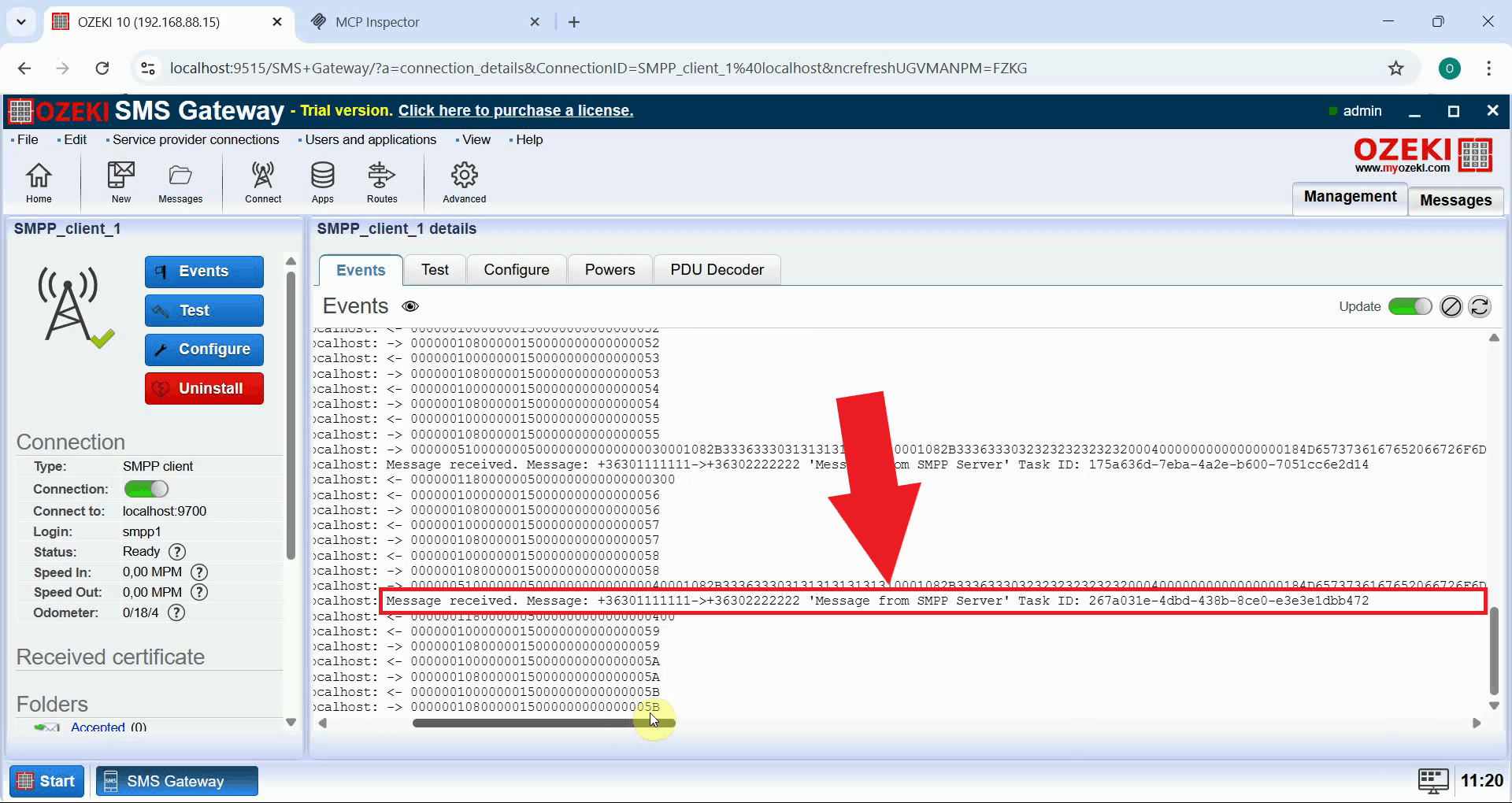 Check message in SMPP client event log