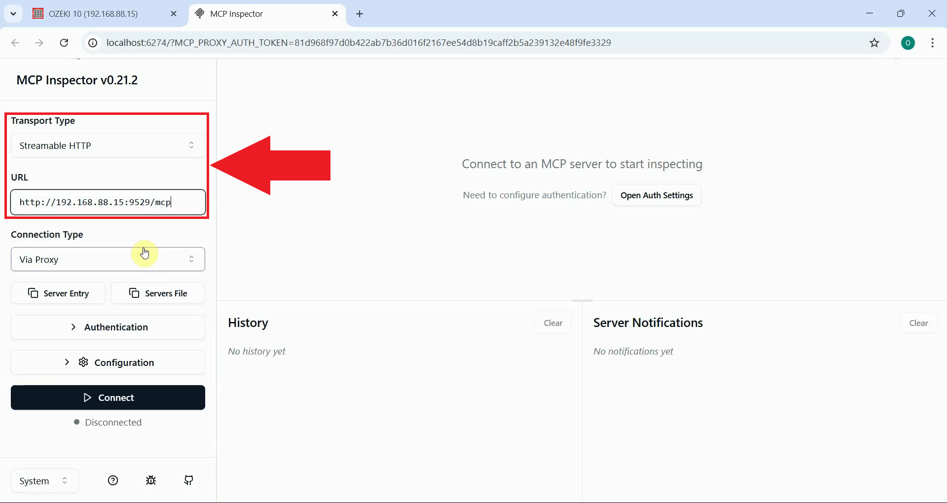 Set Streamable HTTP transport type and server URL
