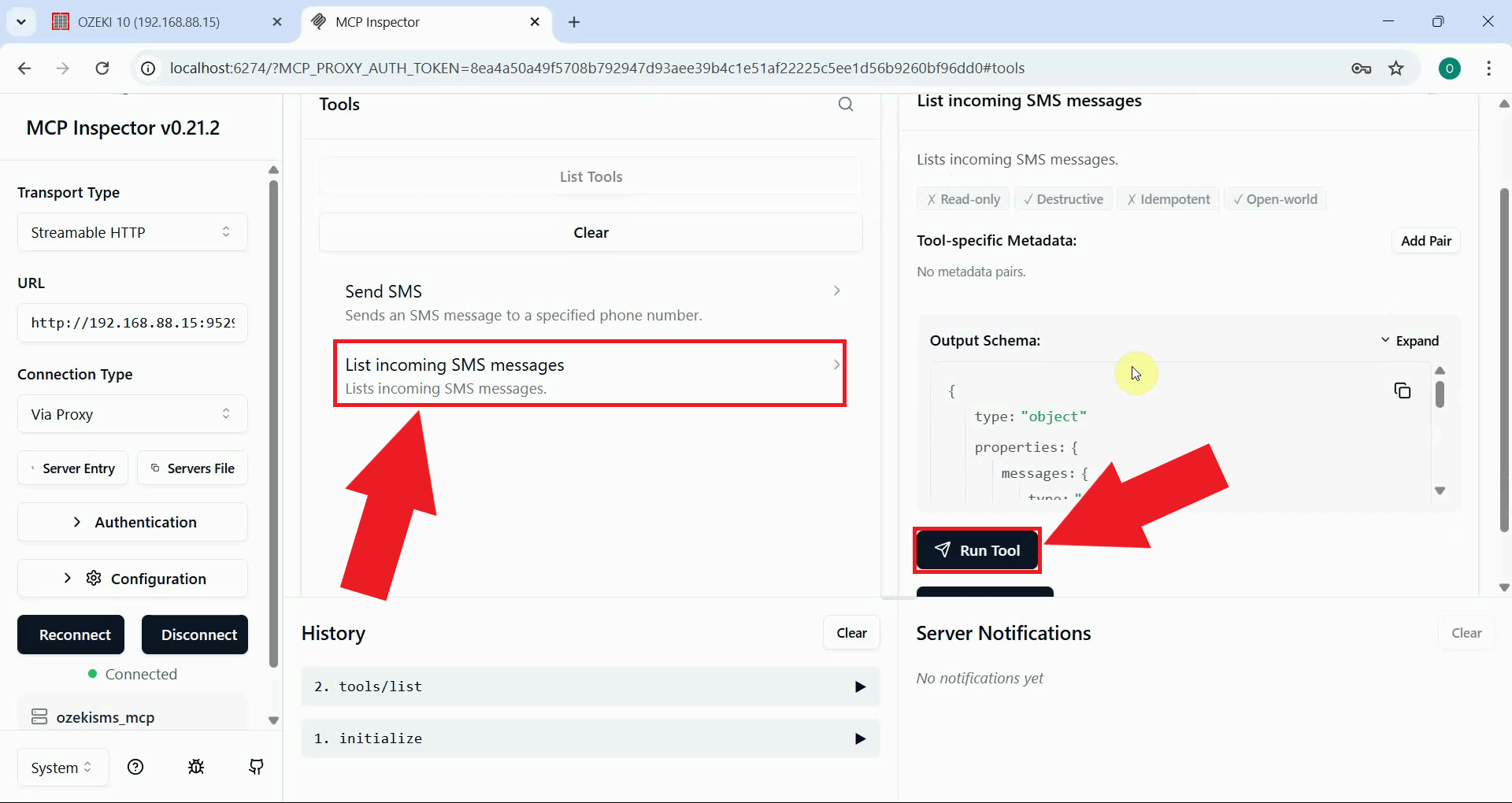 Select and run list incoming SMS messages tool