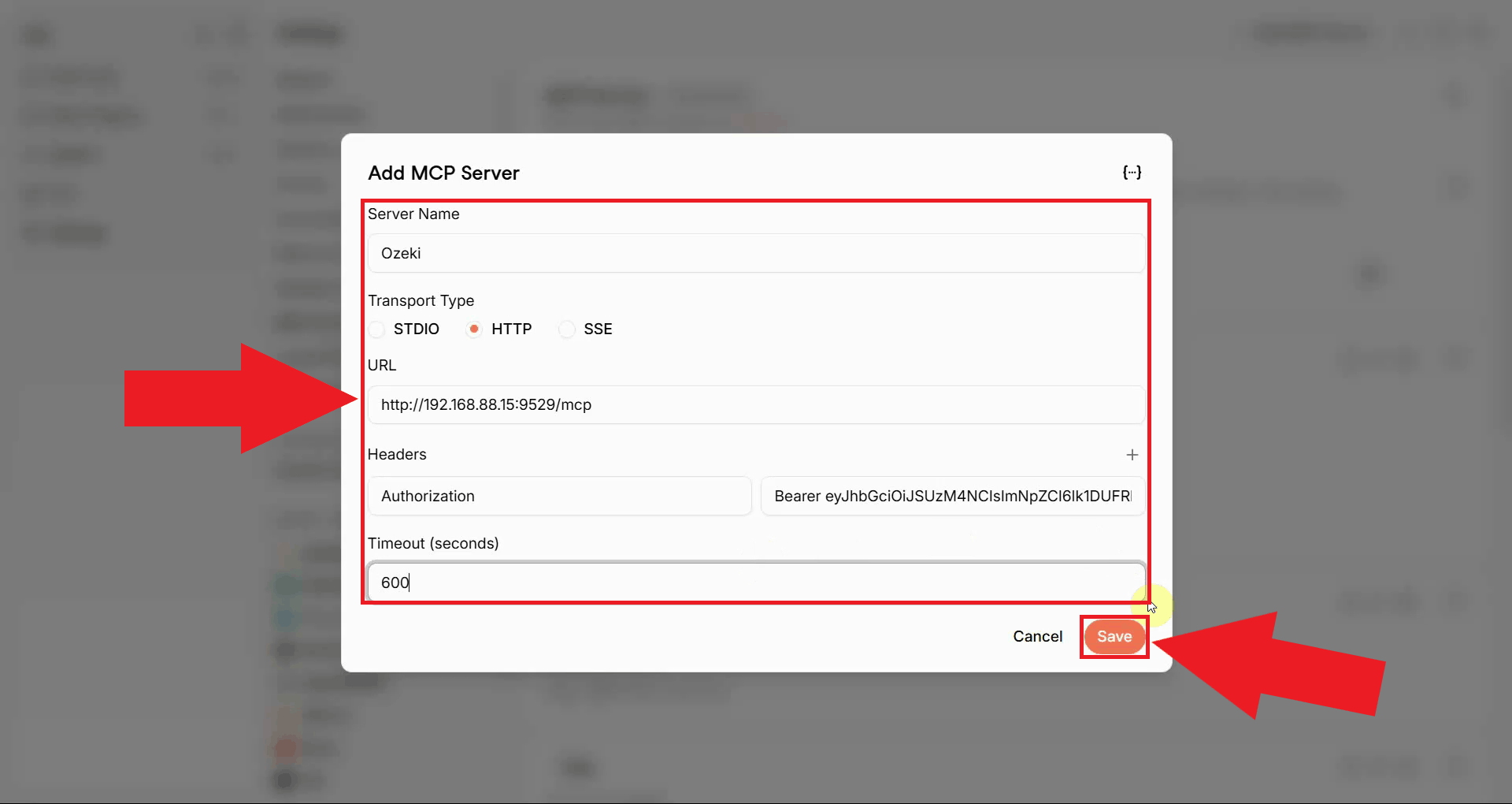 Enter the MCP server details and save