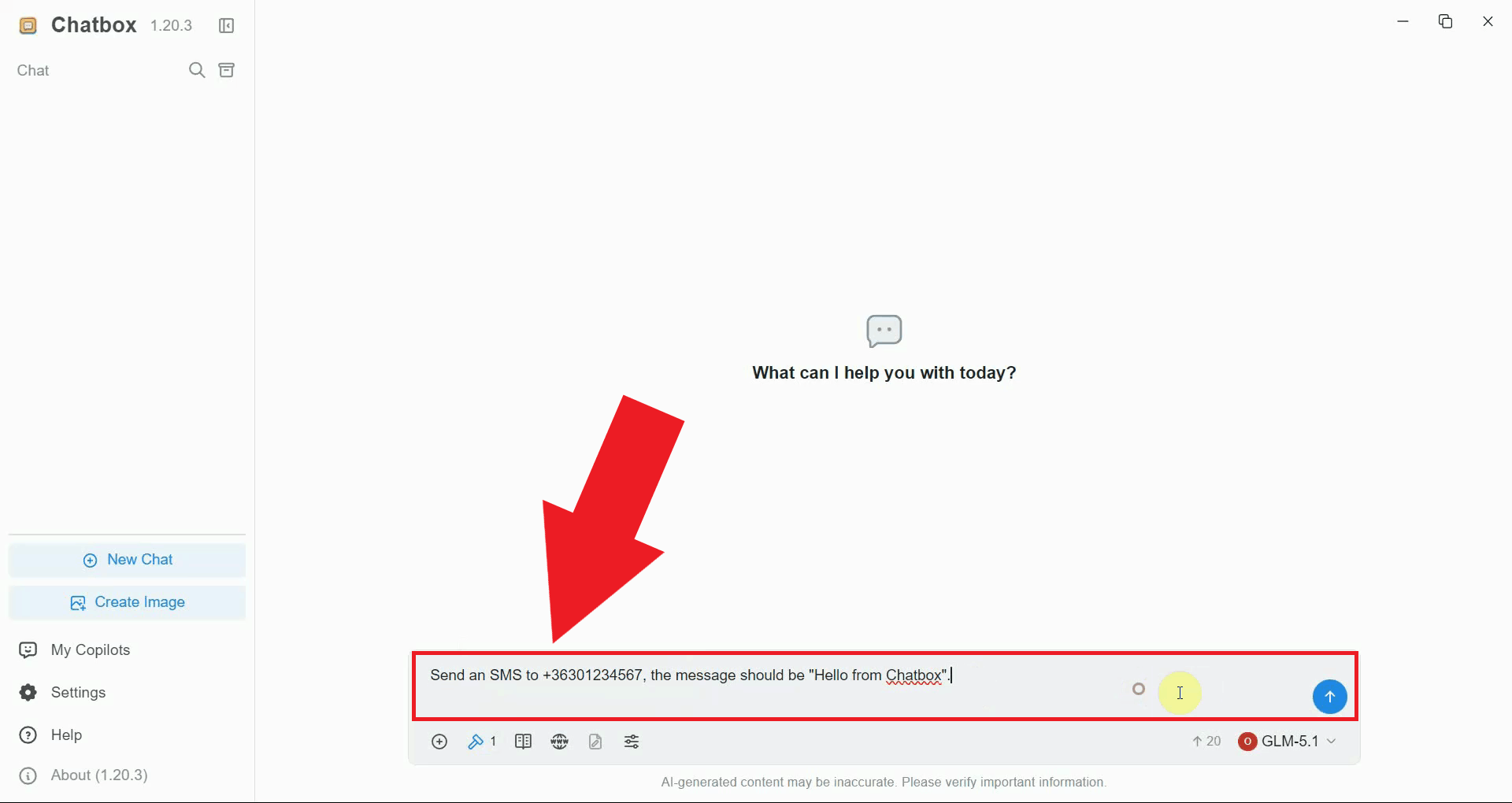 Instruct the assistant to send an SMS in Chatbox