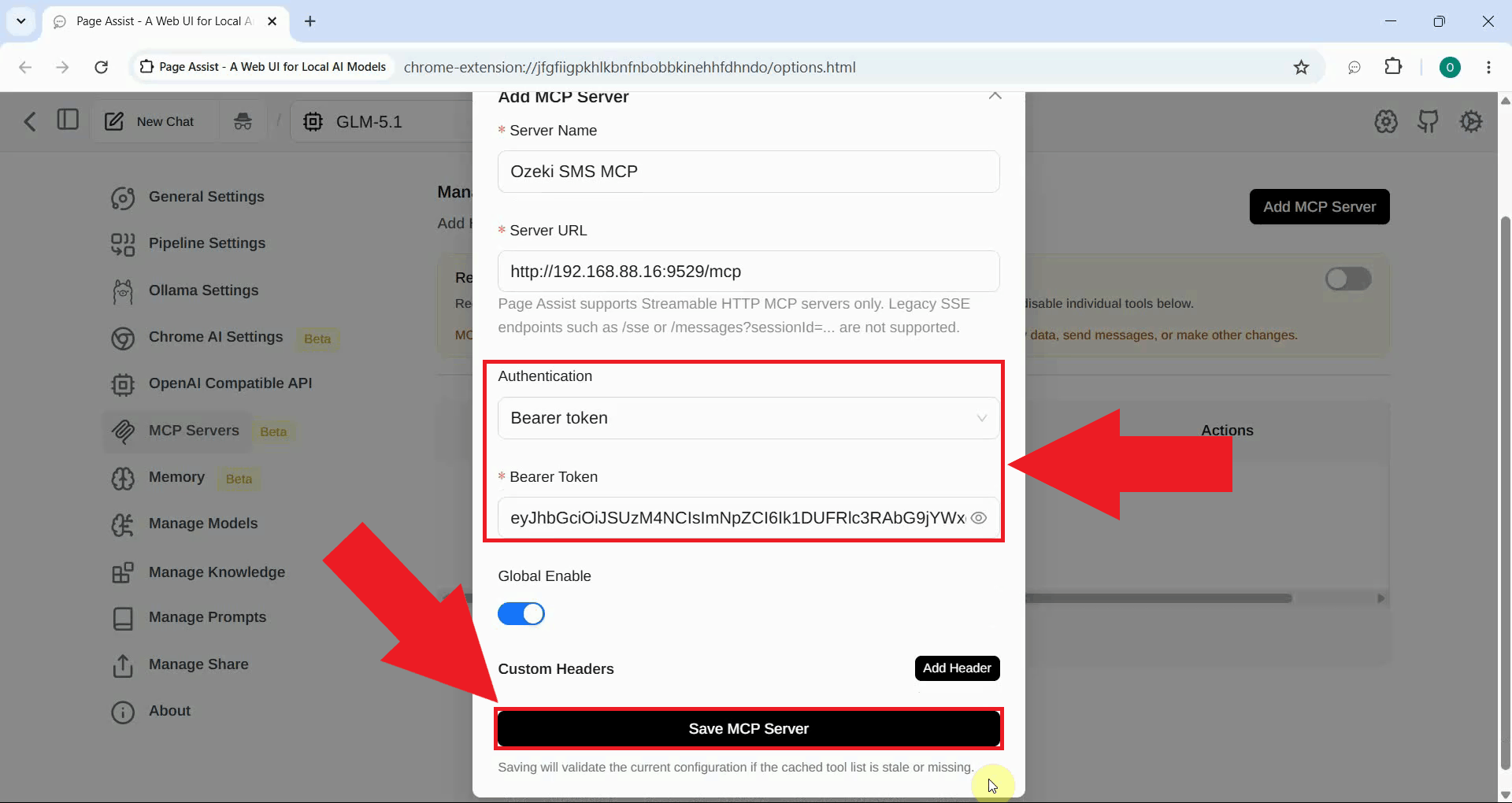 Enable Bearer auth, enter token and save MCP server
