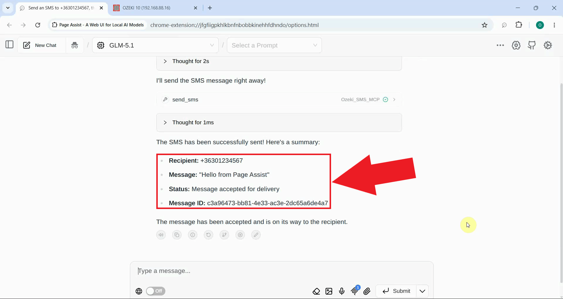 Send SMS tool result