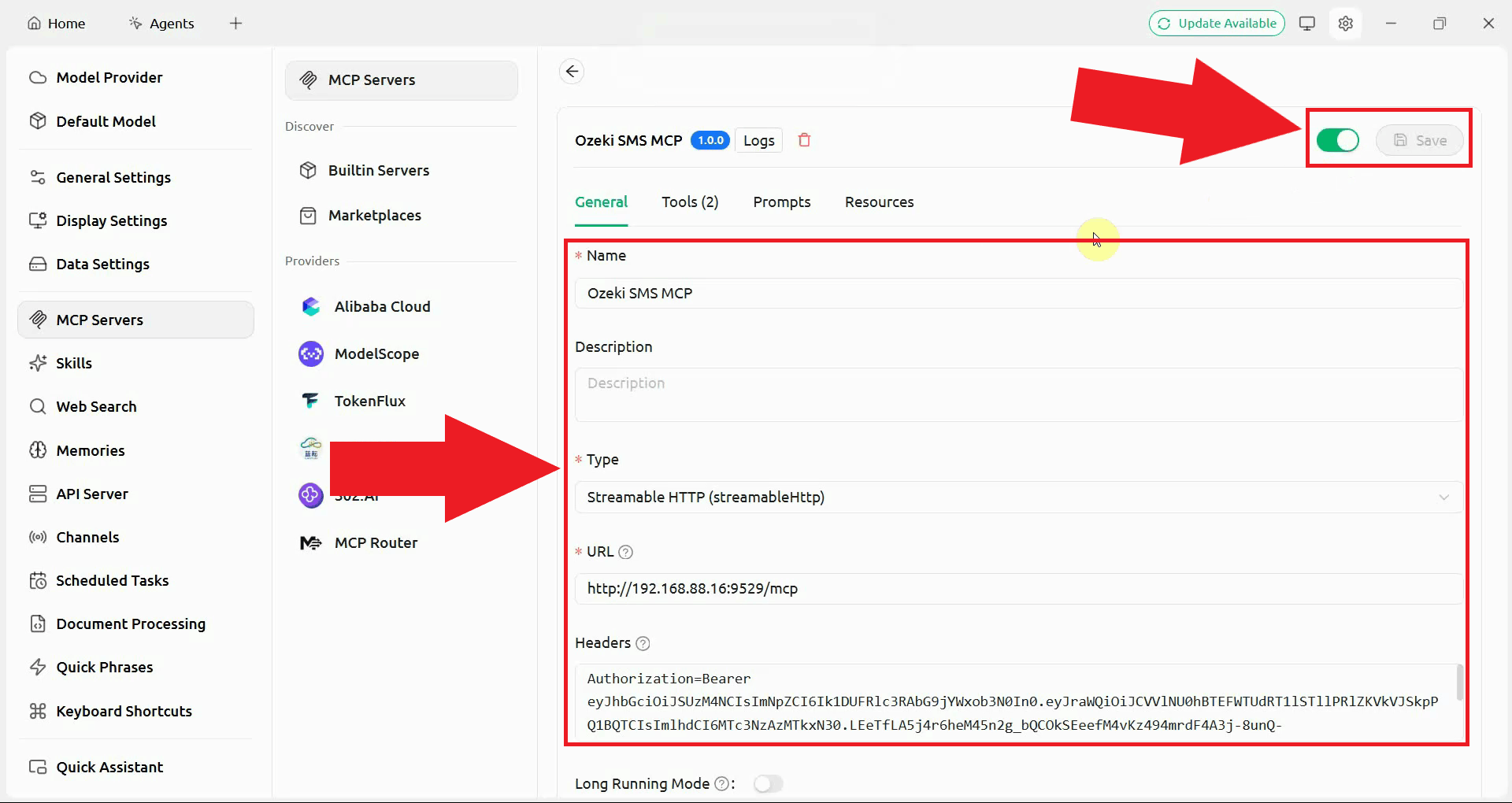 Configure MCP server then save and connect in Cherry Studio