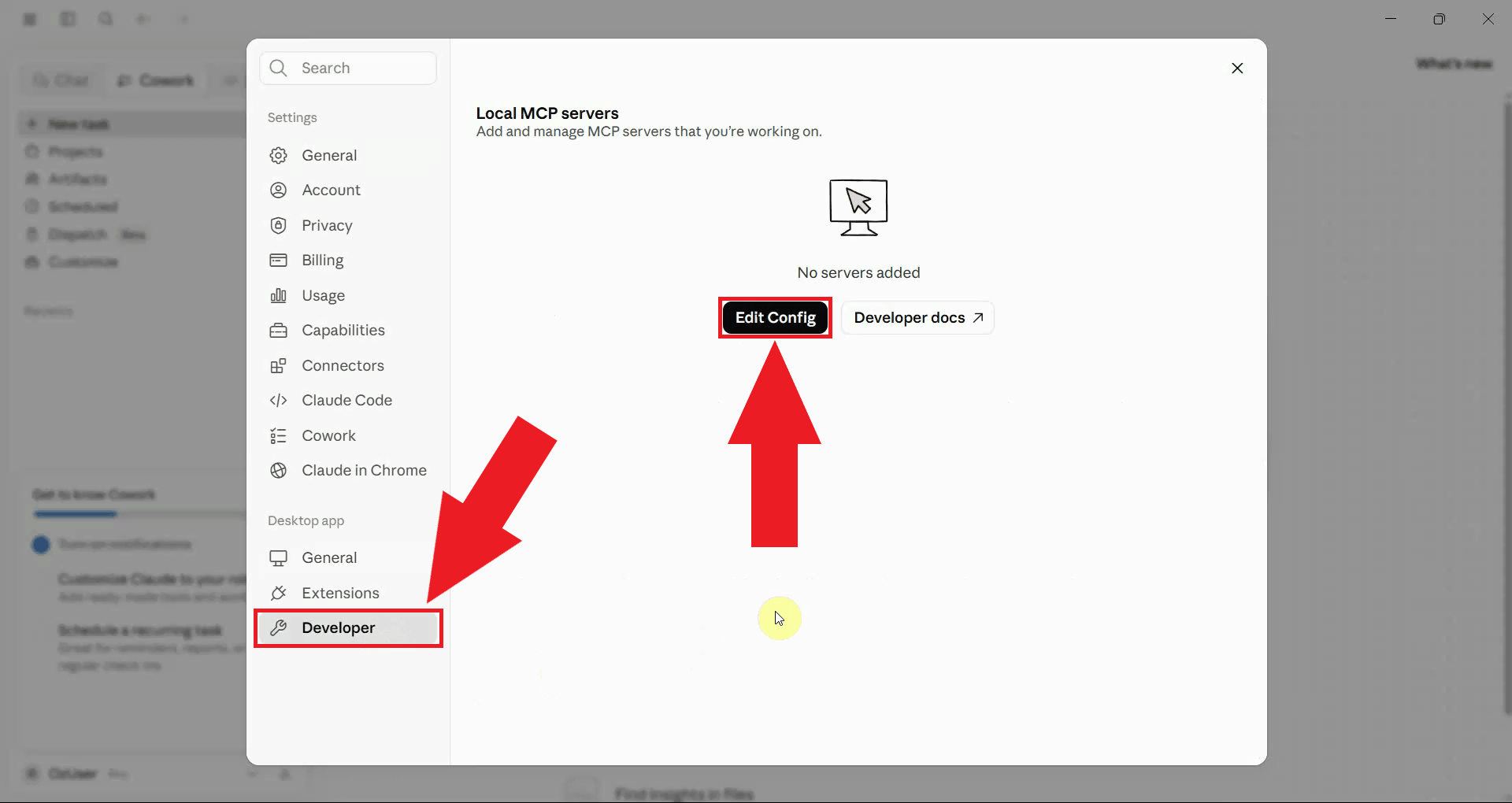 Click Edit Config in Developer menu in Settings