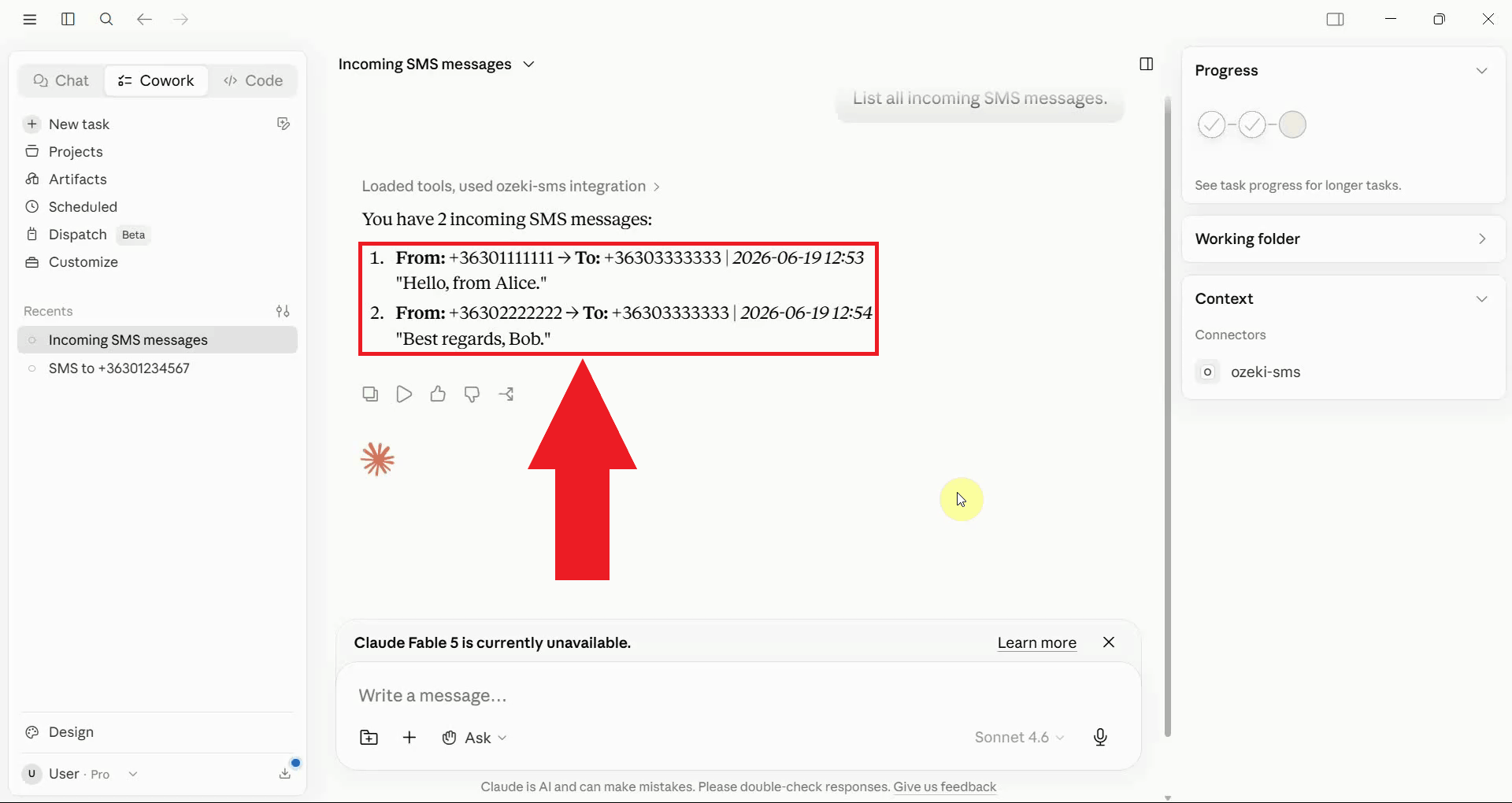 List incoming messages tool result
