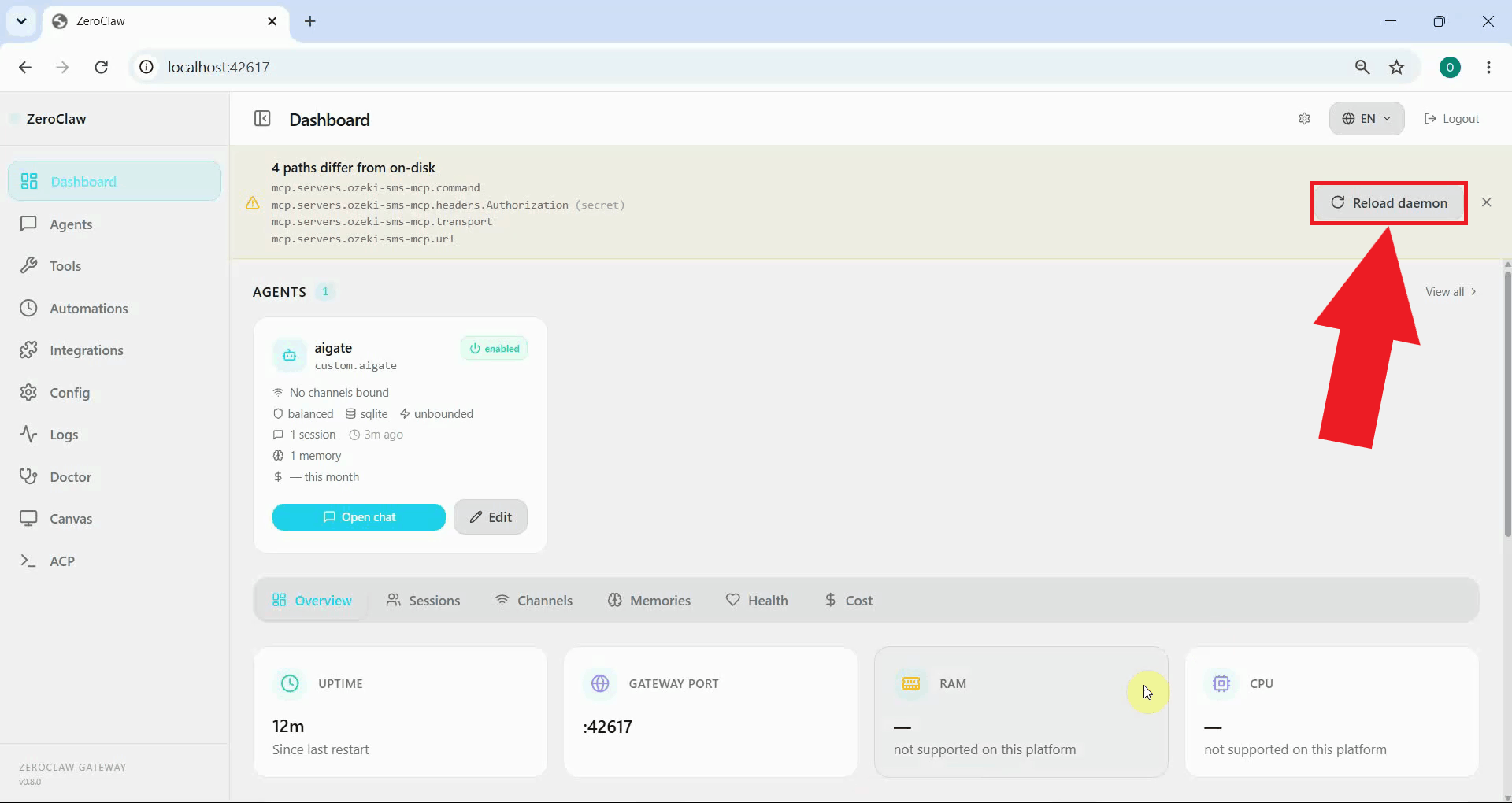 Reload daemon in ZeroClaw dashboard