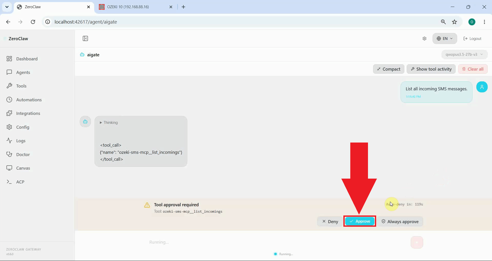 Approve tool use if prompted